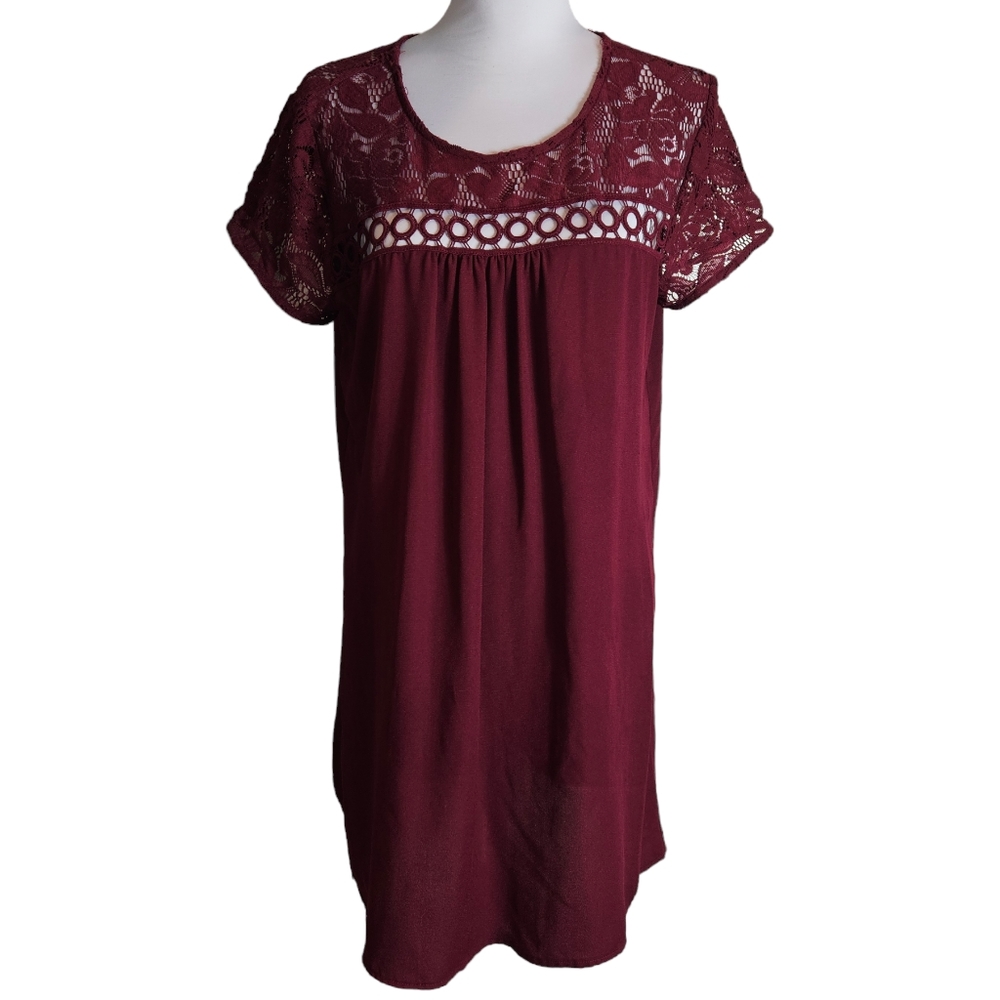 Trixxi Burgundy Wine Shift Dress Size Large Lace Trim Short Sleeve Keyhole Back